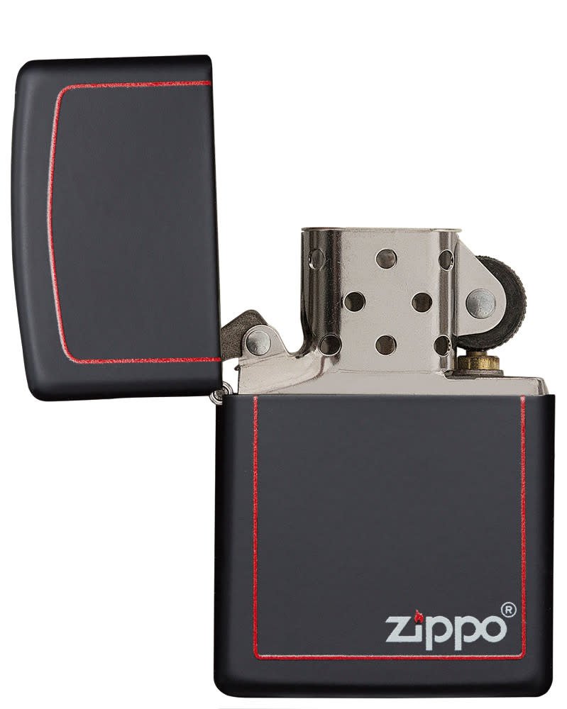 Front view of the Classic Black and Red Zippo Black Matte Lighter open and unlit.