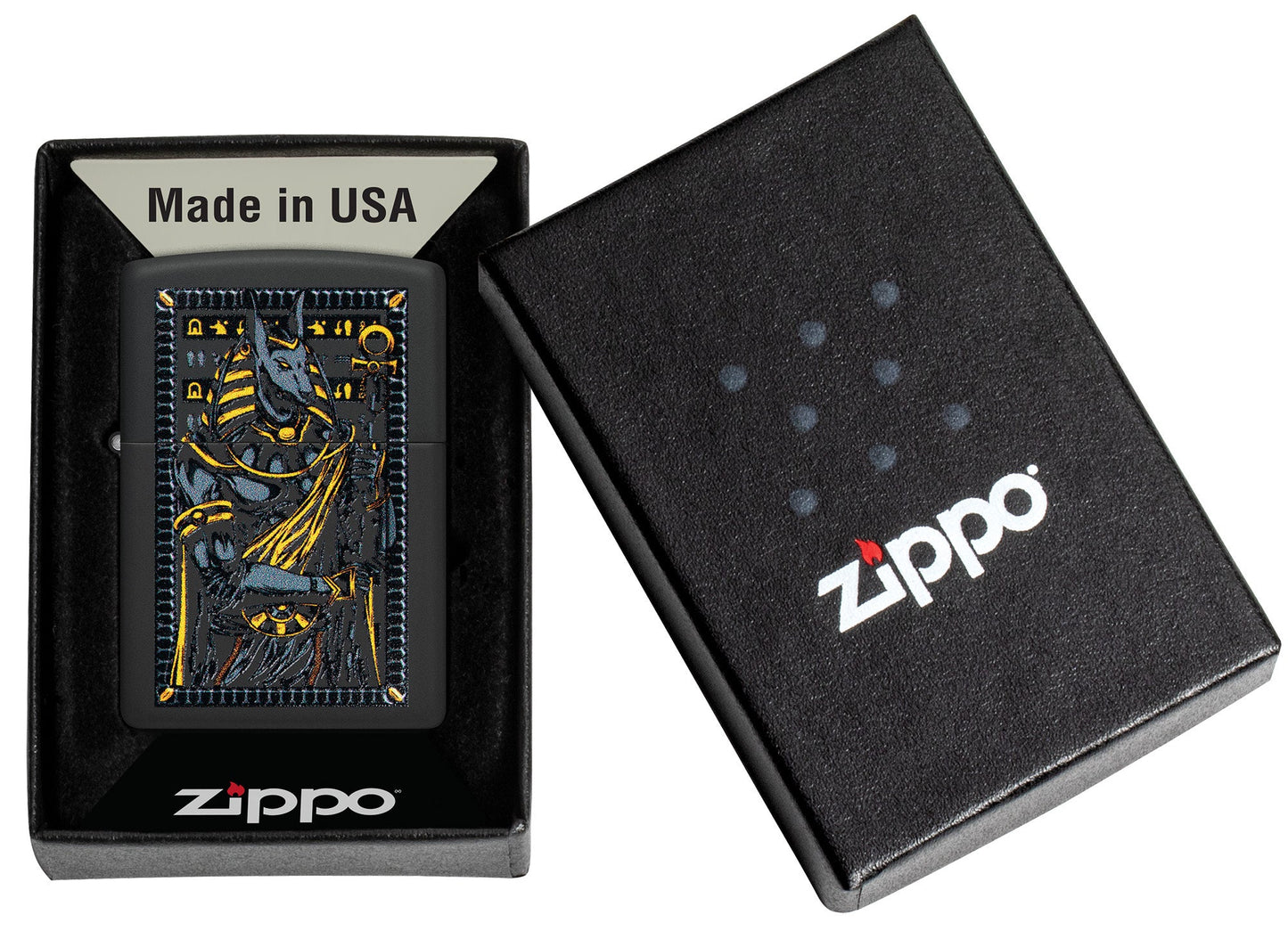 Zippo Anubis Design Black Matte Windproof Lighter in its packaging.