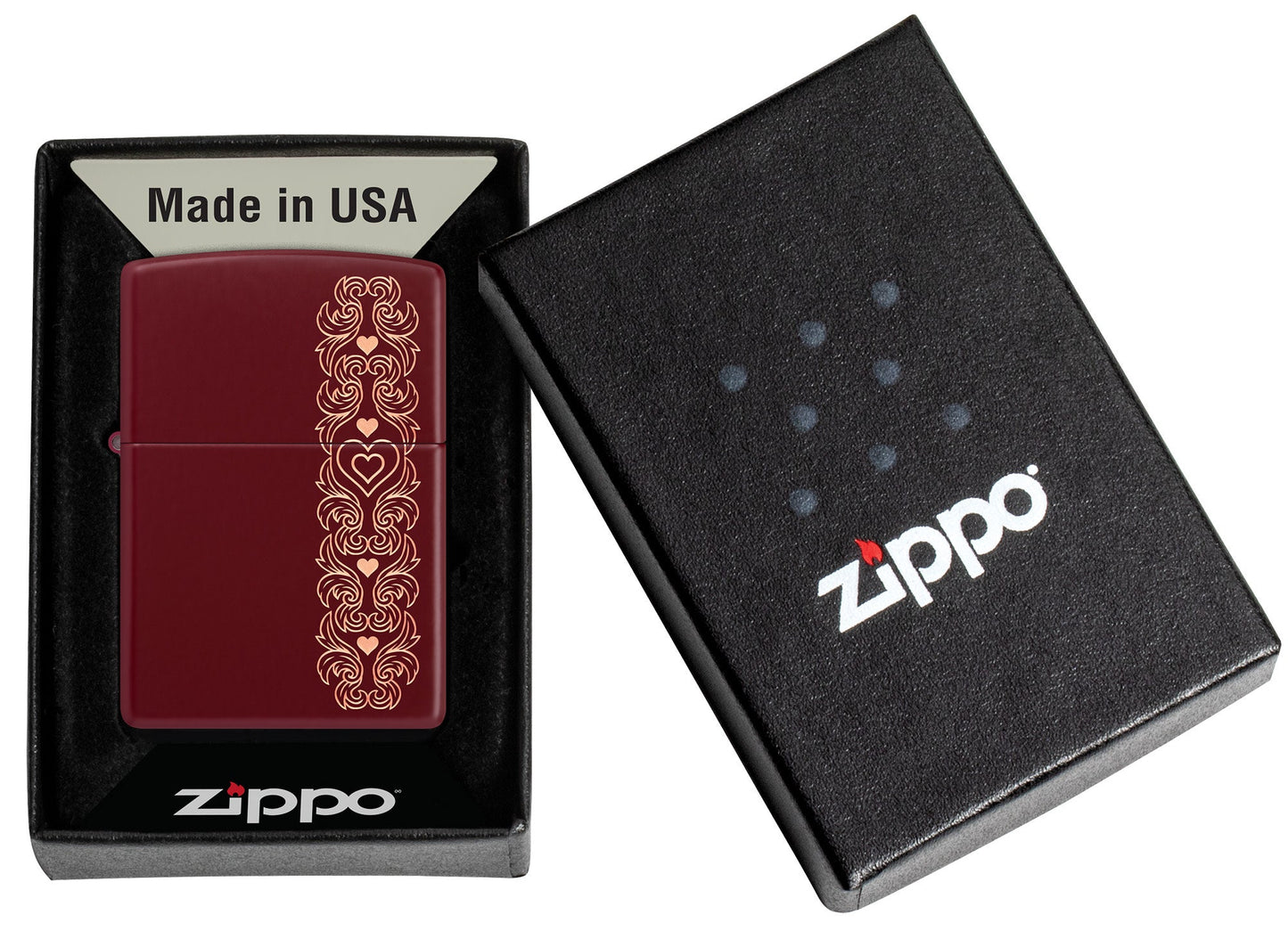 Zippo Heart Garland Design Merlot Windproof Lighter in its packaging.