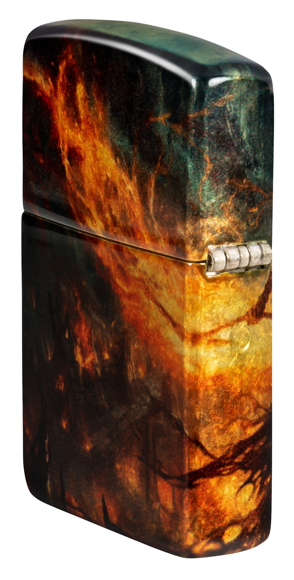 Angled shot of Zippo Fire Mage Design 540 Tumbled Brass Windproof Lighter showing the back and hinge side of the lighter.