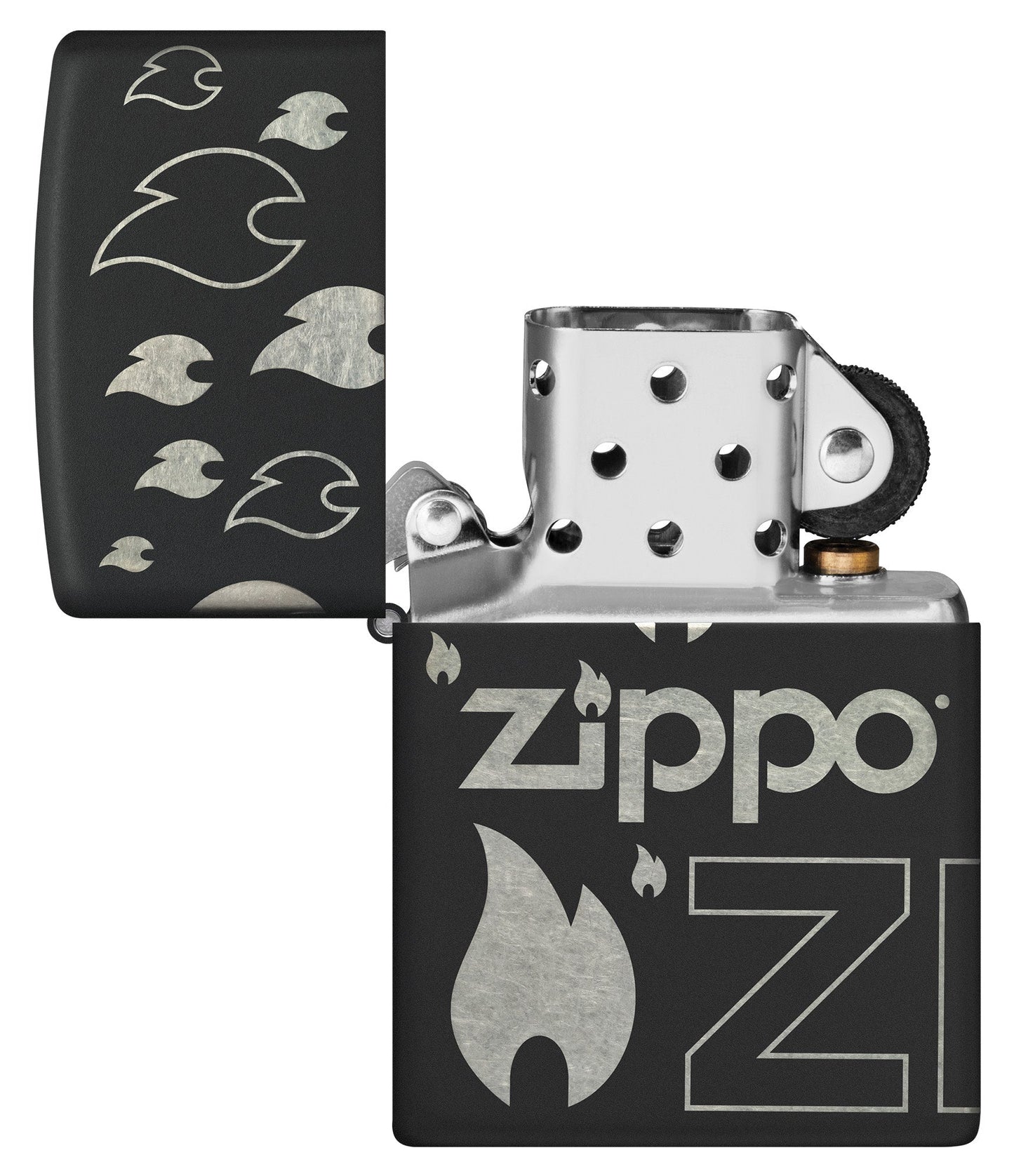 Zippo Design Black Matte with Chrome Windproof Lighter with its lid open and unlit.