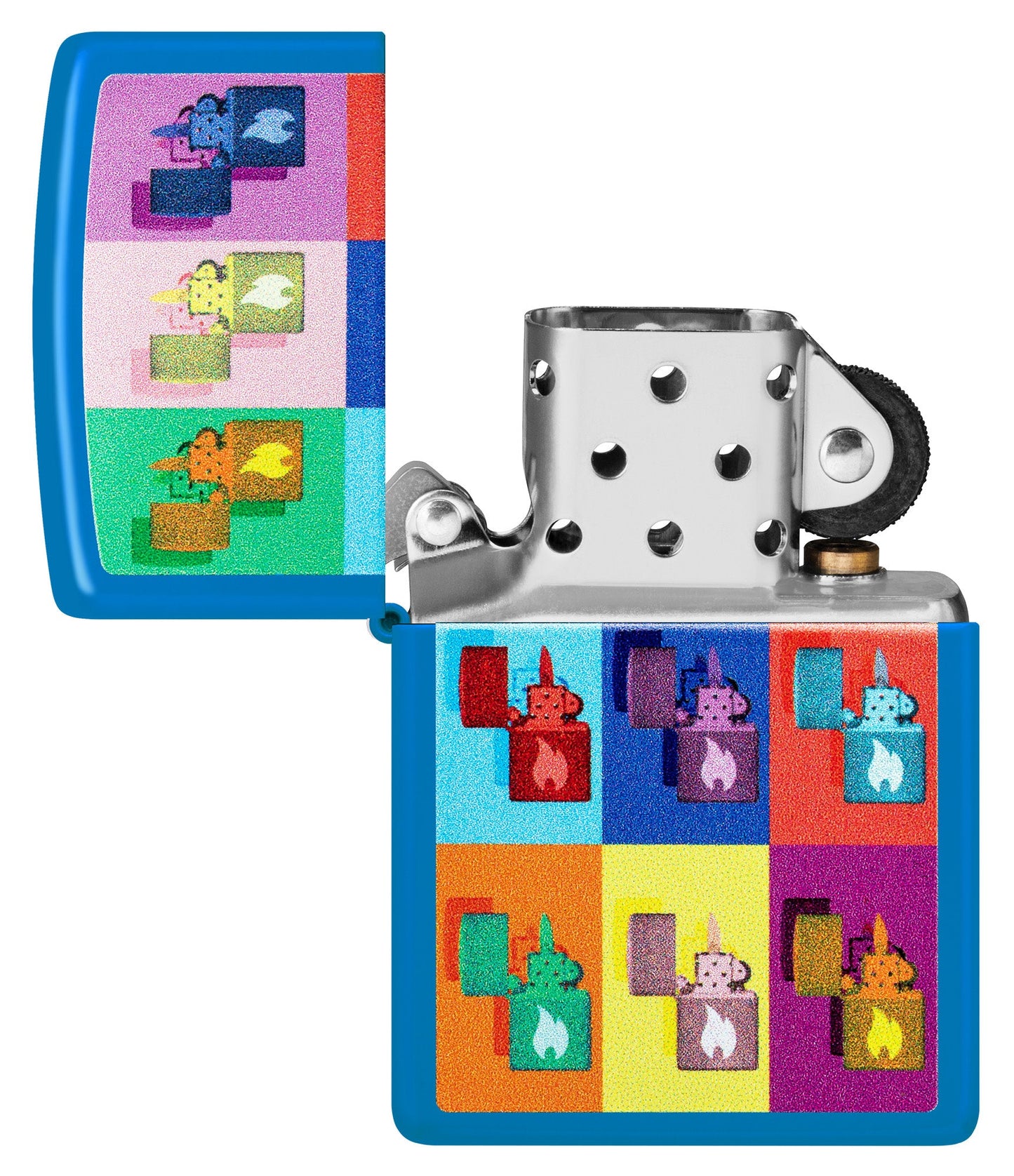 Zippo Pop Art Design Sky Blue Matte Windproof Lighter with its lid open and unlit.