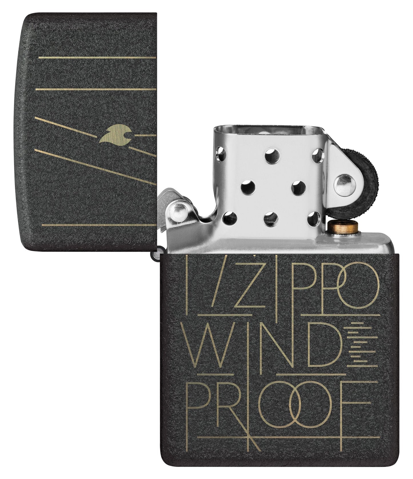 Zippo Line Art Zippo Design Black Crackle Windproof Lighter with its lid open and unlit.