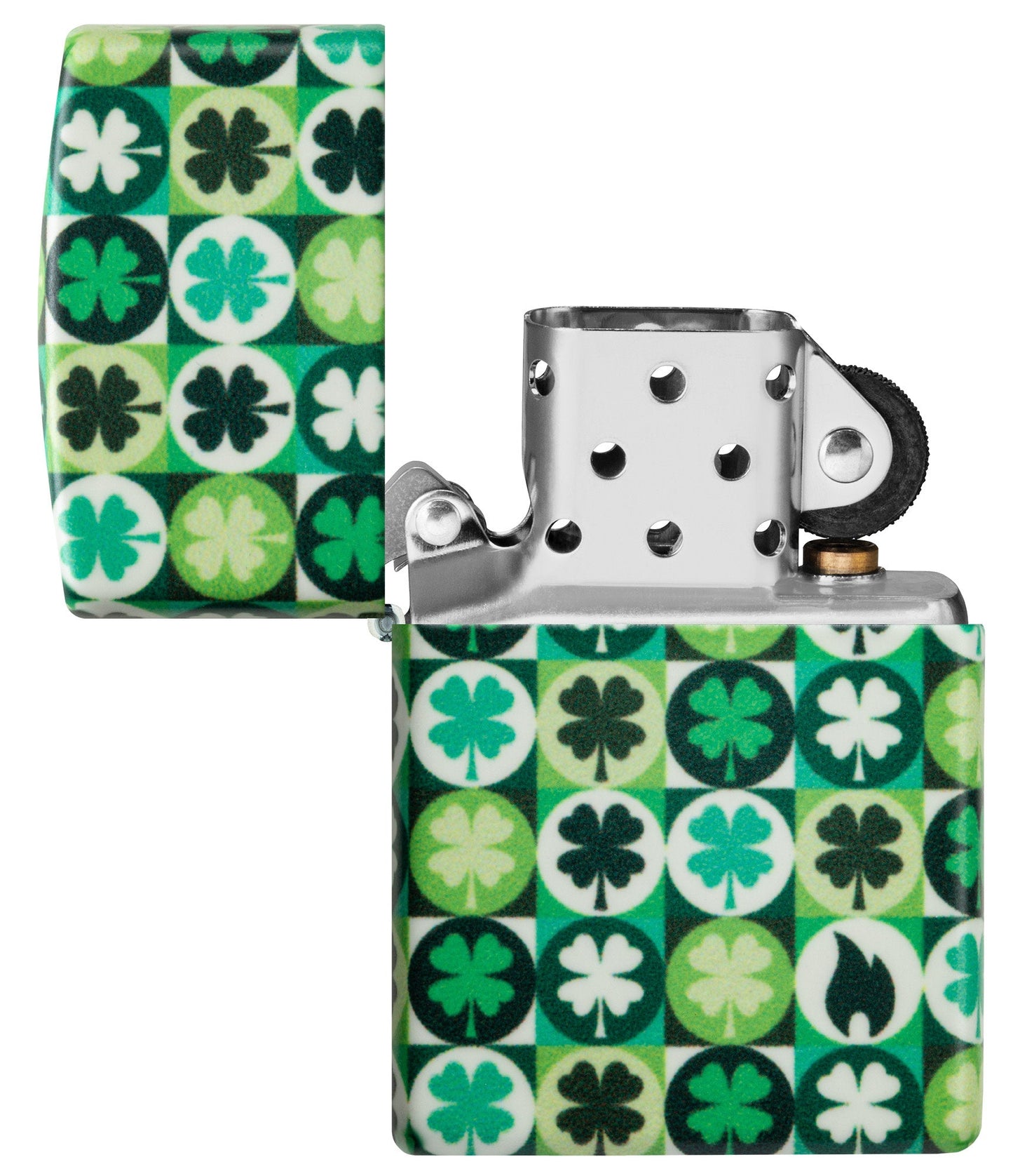 Zippo Clover Design Glow in the Dark Green Matte Windproof Lighter with its lid open and unlit.