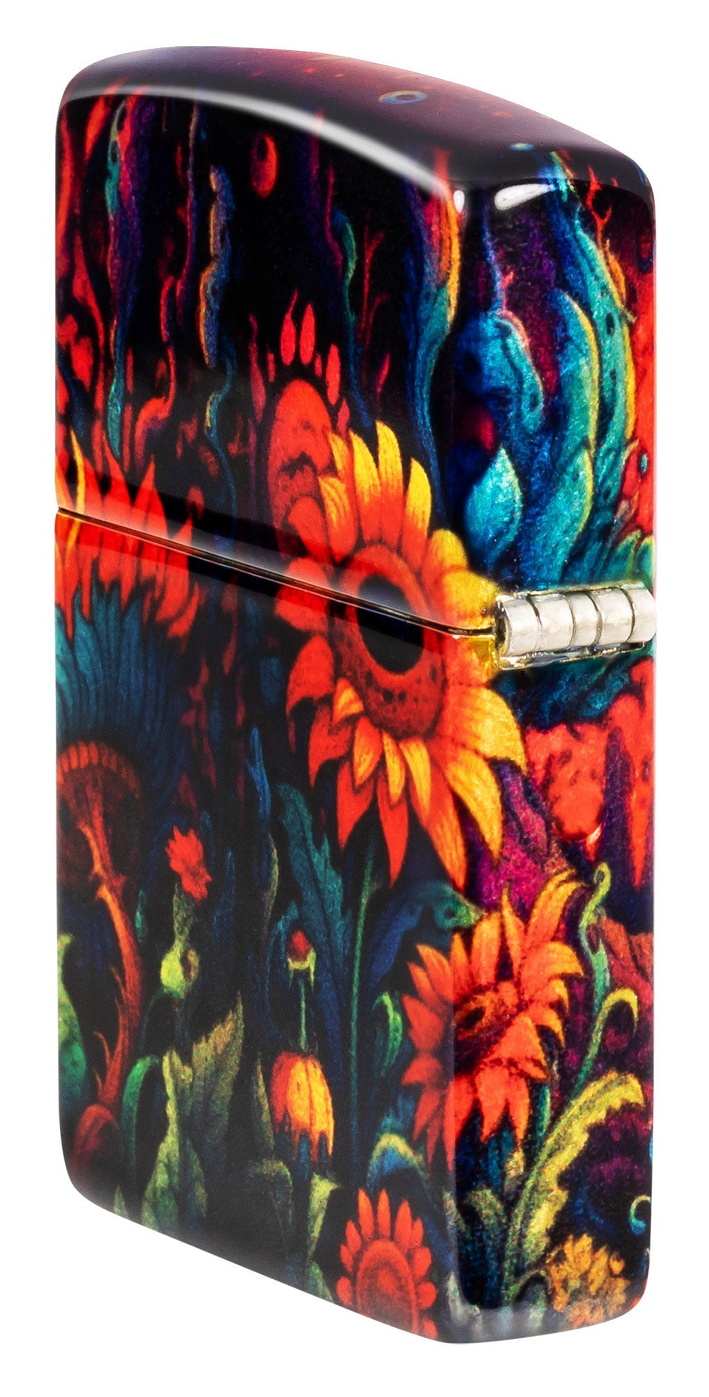 Angled shot of Zippo Spooky Sunflower Design 540 Tumbled Brass Windproof Lighter showing the back and hinge side of the lighter.