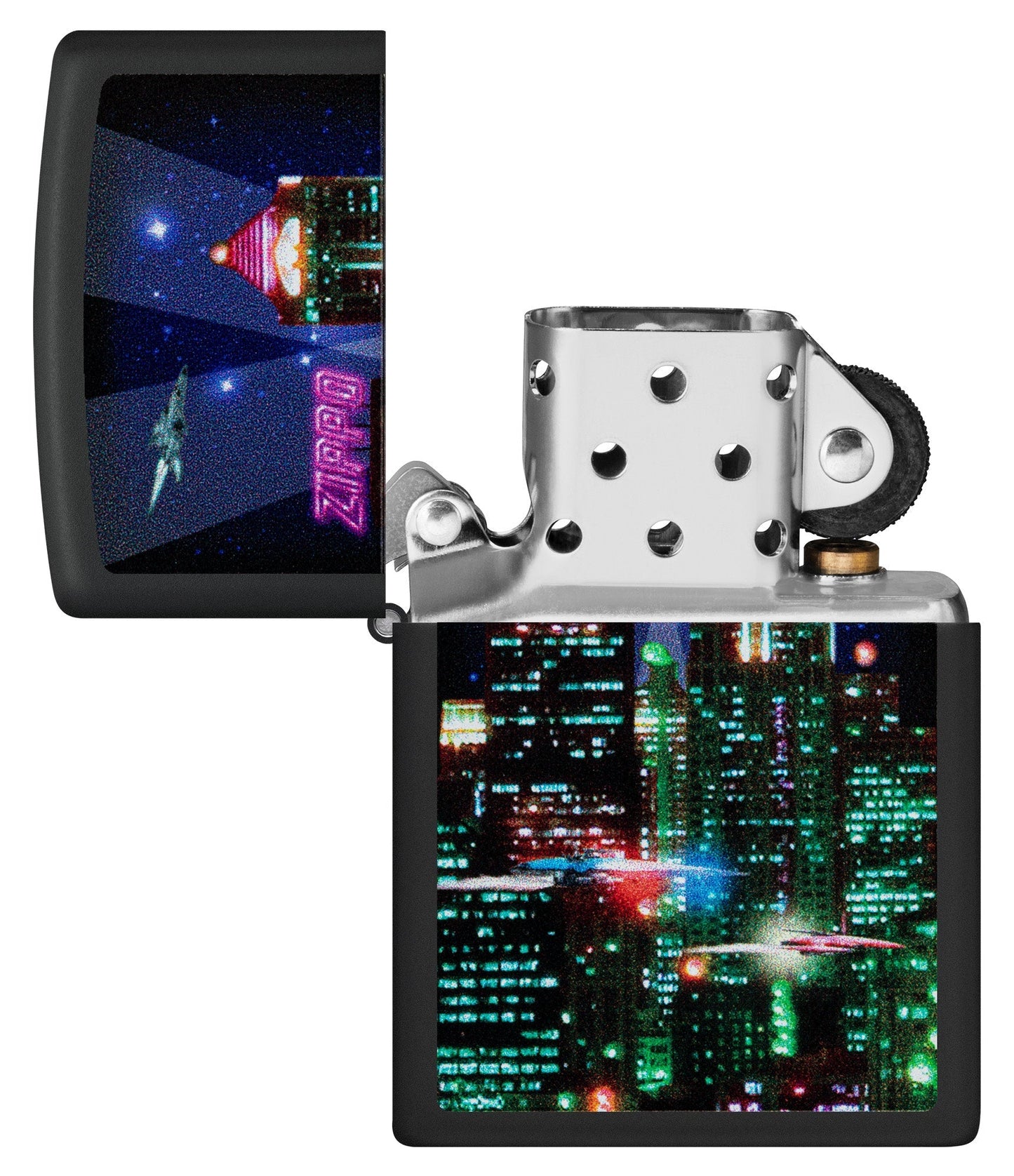 Zippo Cyber City Design Black Matte Windproof Lighter Lighter with its lid open and unlit.