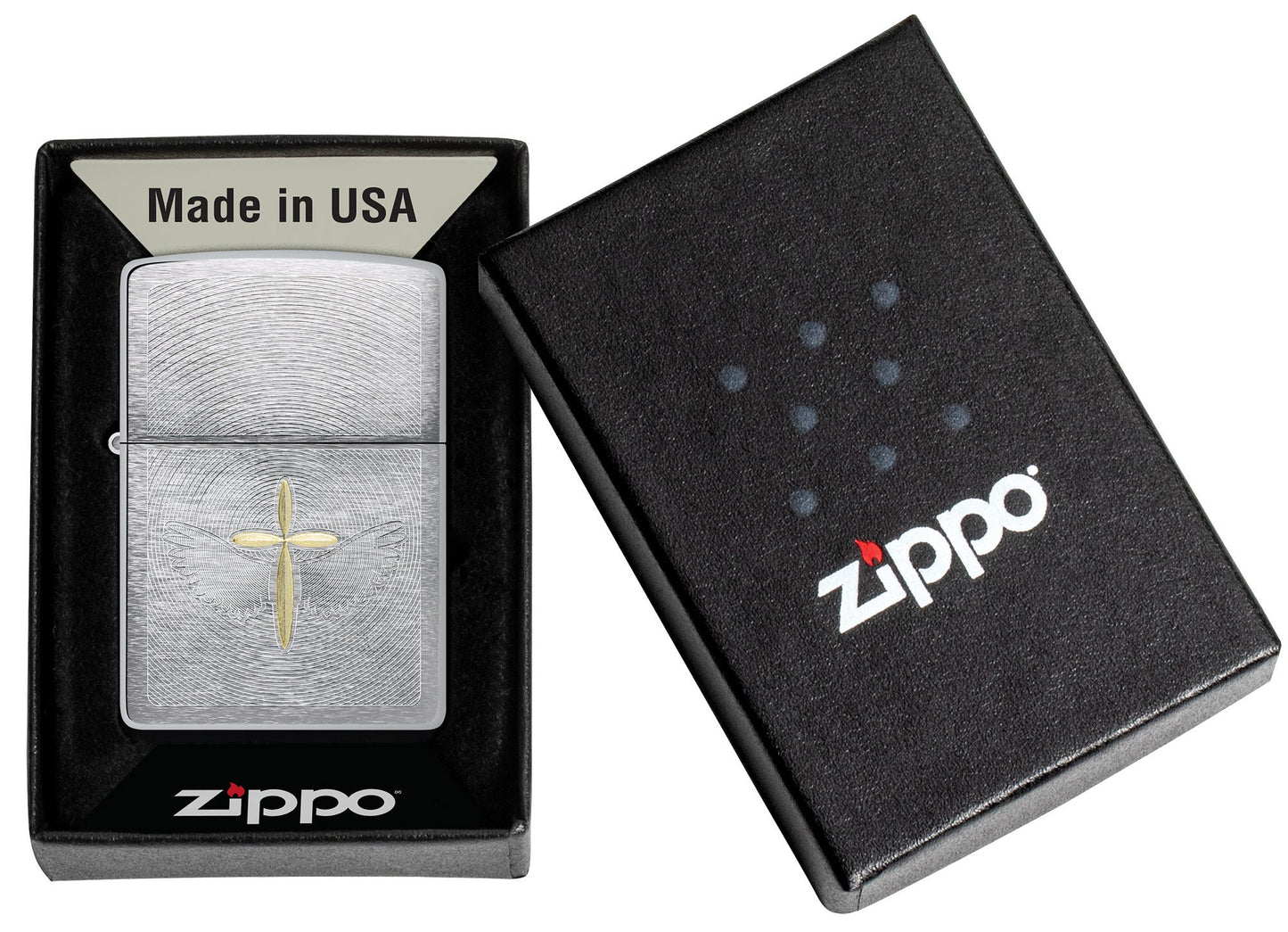 Zippo Angel Aura Design Brushed Chrome Windproof Lighter in its packaging.
