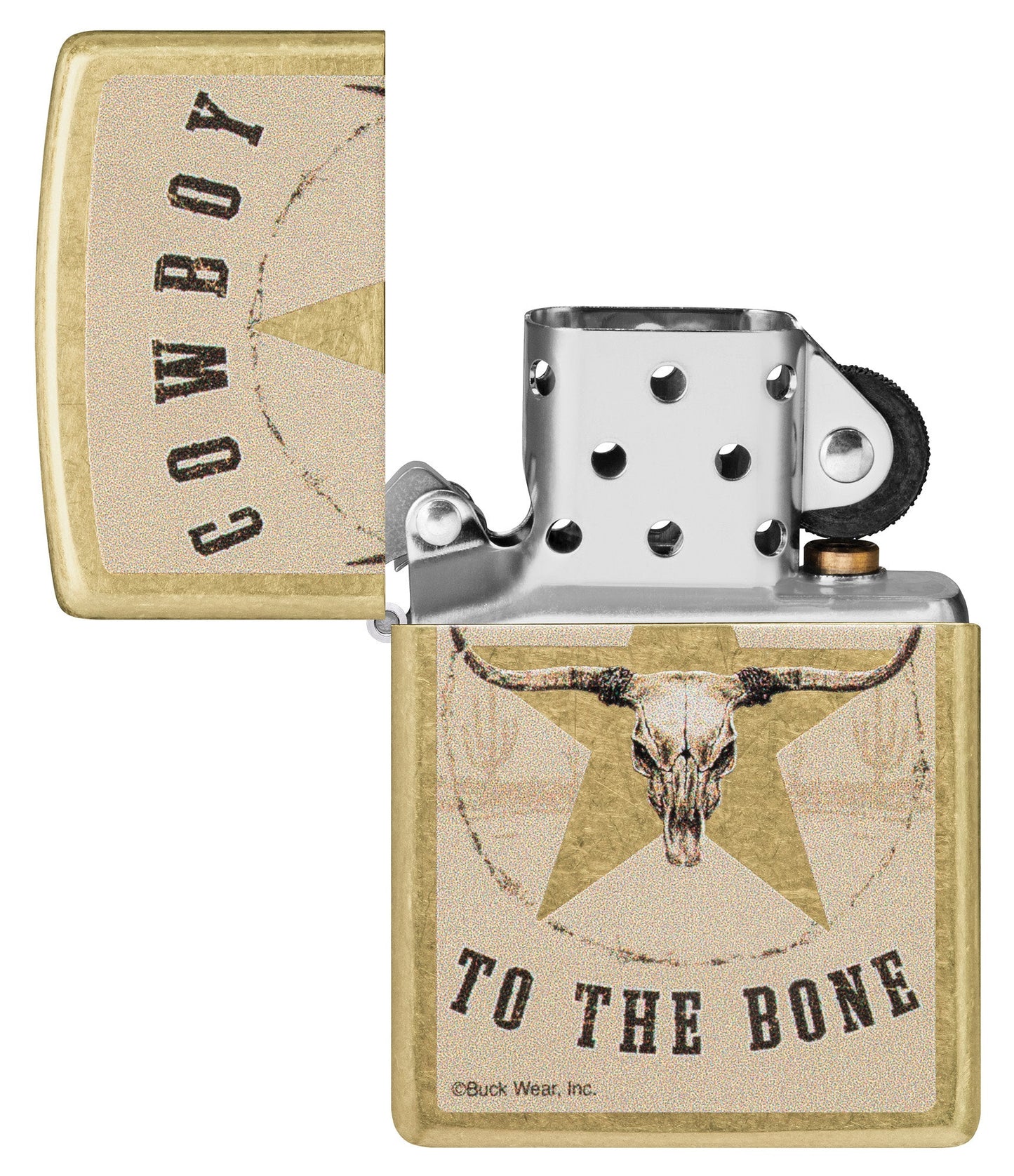 Zippo Buck Wear Reg Street Brass Windproof Lighter with its lid open and unlit.