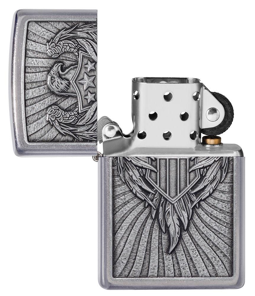 Eagle Shield Emblem Design Street Chromeâ„¢ Windproof Lighter with its lid open and unlit