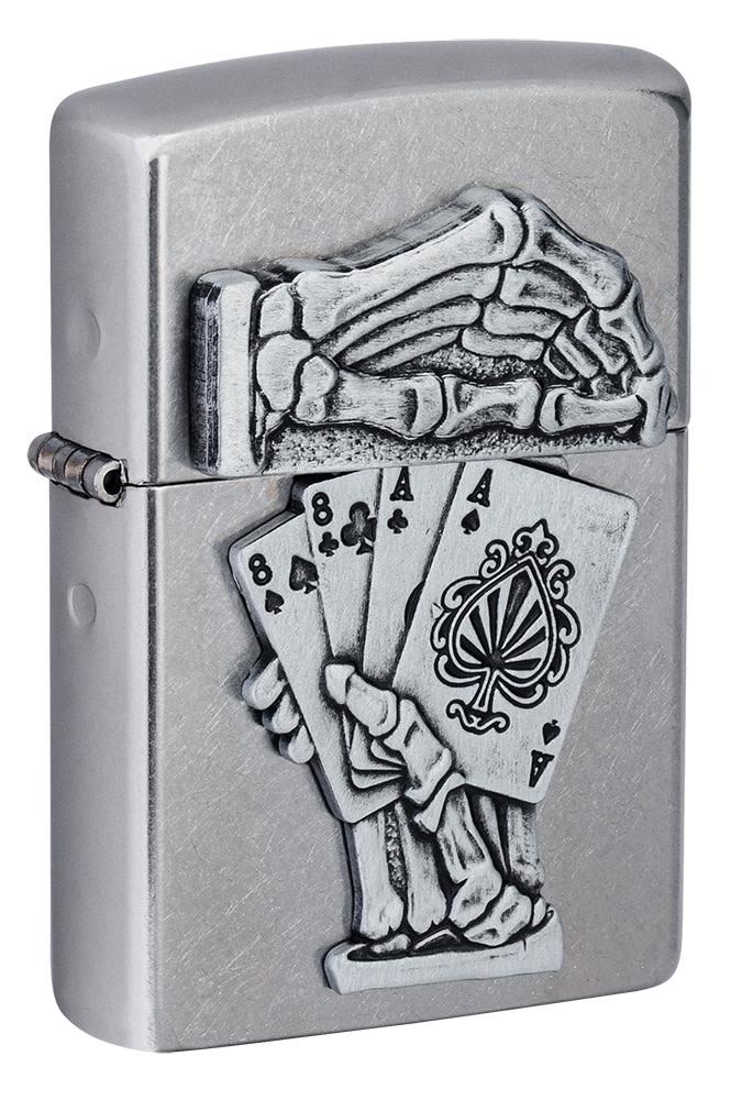 Front shot of Dead Mans Hand Surprise Emblem Design Street Chromeâ„¢ Windproof Lighter standing at a 3/4 angle