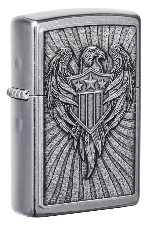 Front shot of Eagle Shield Emblem Design Street Chromeâ„¢ Windproof Lighter standing at a 3/4 angle