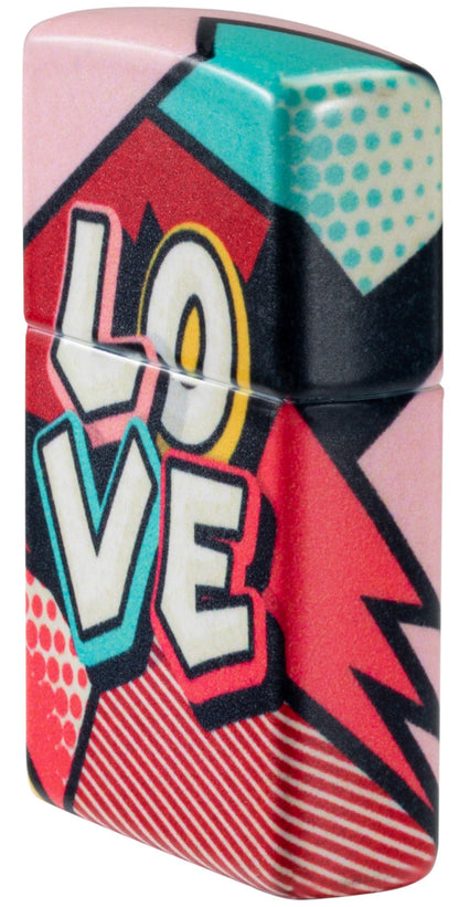 Angled shot of Zippo Love Design 540 Matte Windproof Lighter showing the front and right side of the lighter.